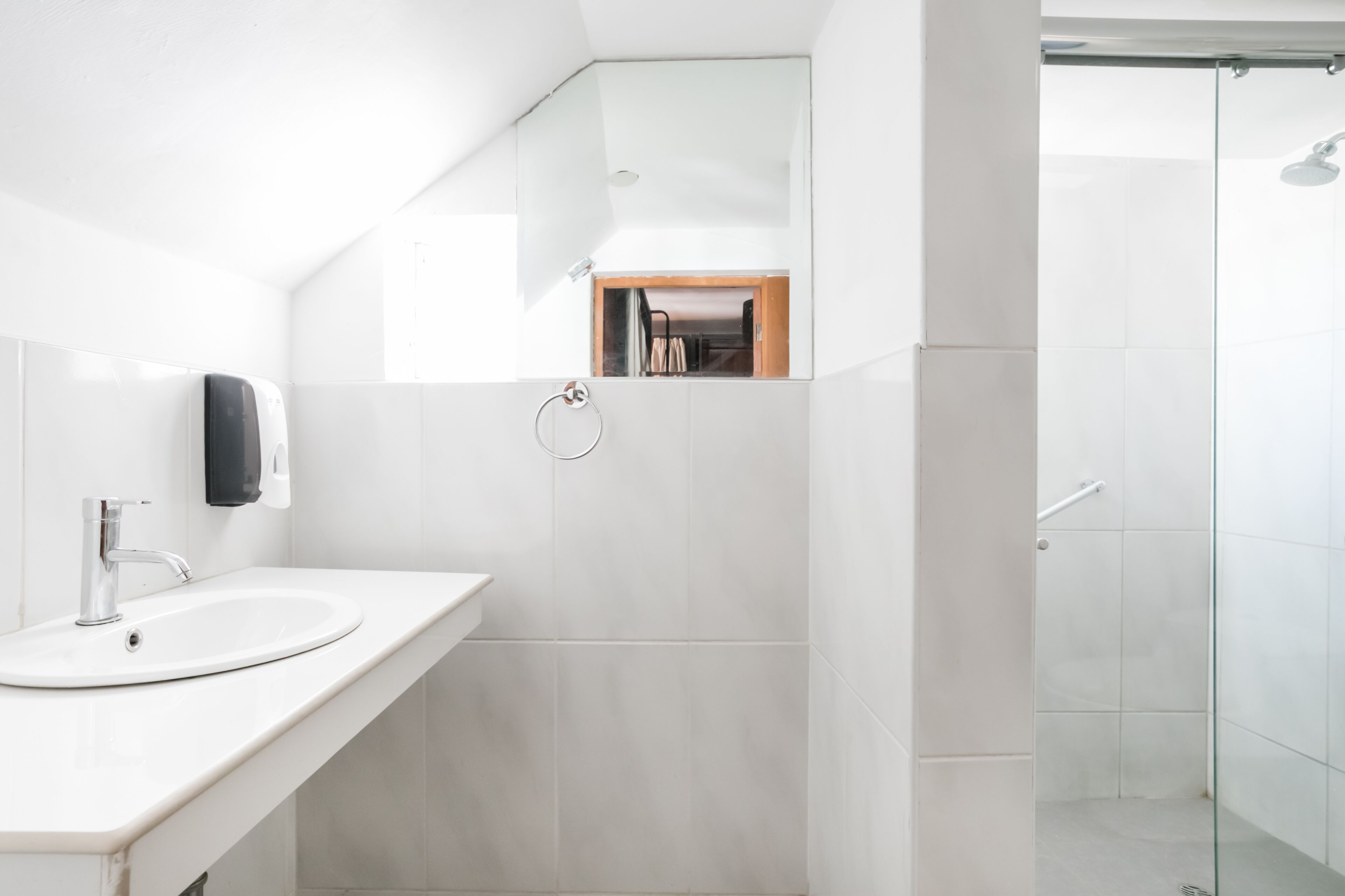 A modern bathroom with a white sink, a mirror, and a glass shower enclosure.