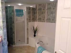 Combined shower/tub, jetted tub, towels