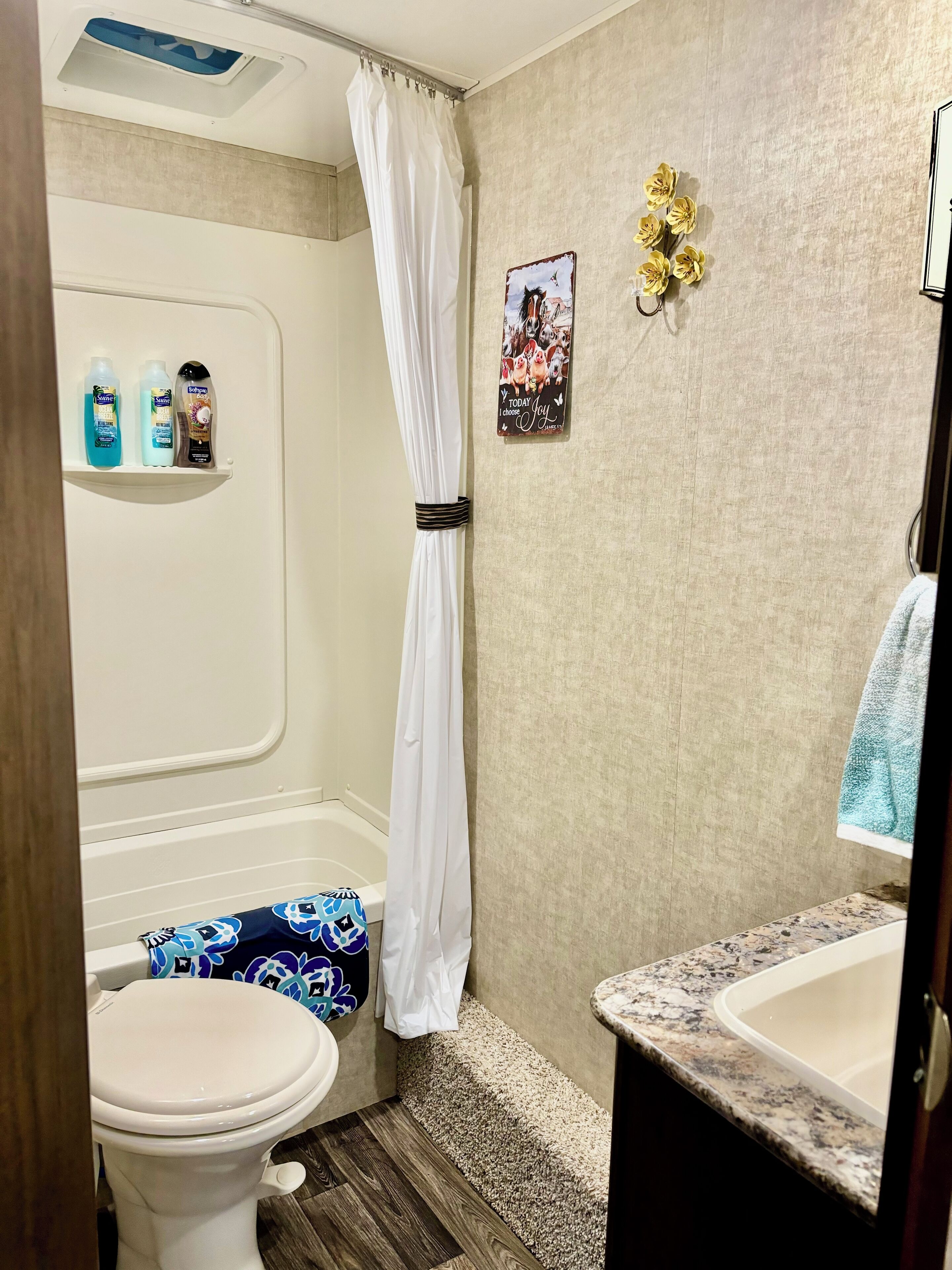 Combined shower/tub, hair dryer, towels, soap