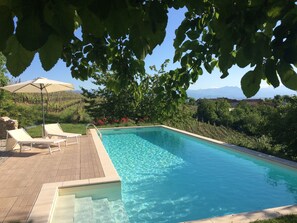 Una piscina rectangular con agua azul cristalina, rodeada por una terraza de madera y dos sillones beige.