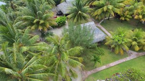 Un complexe hôtelier tropical doté de bungalows aux toits de chaume, de palmiers et d’une piscine.