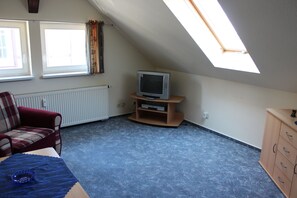 Une pièce avec un plafond en pente, un téléviseur posé sur un meuble en bois, un canapé rouge, une armoire en bois et un radiateur.