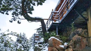 Un escalier en bois mène à un bâtiment doté d’une rambarde en métal, le tout étant entouré de rochers et d’arbres couverts de neige.