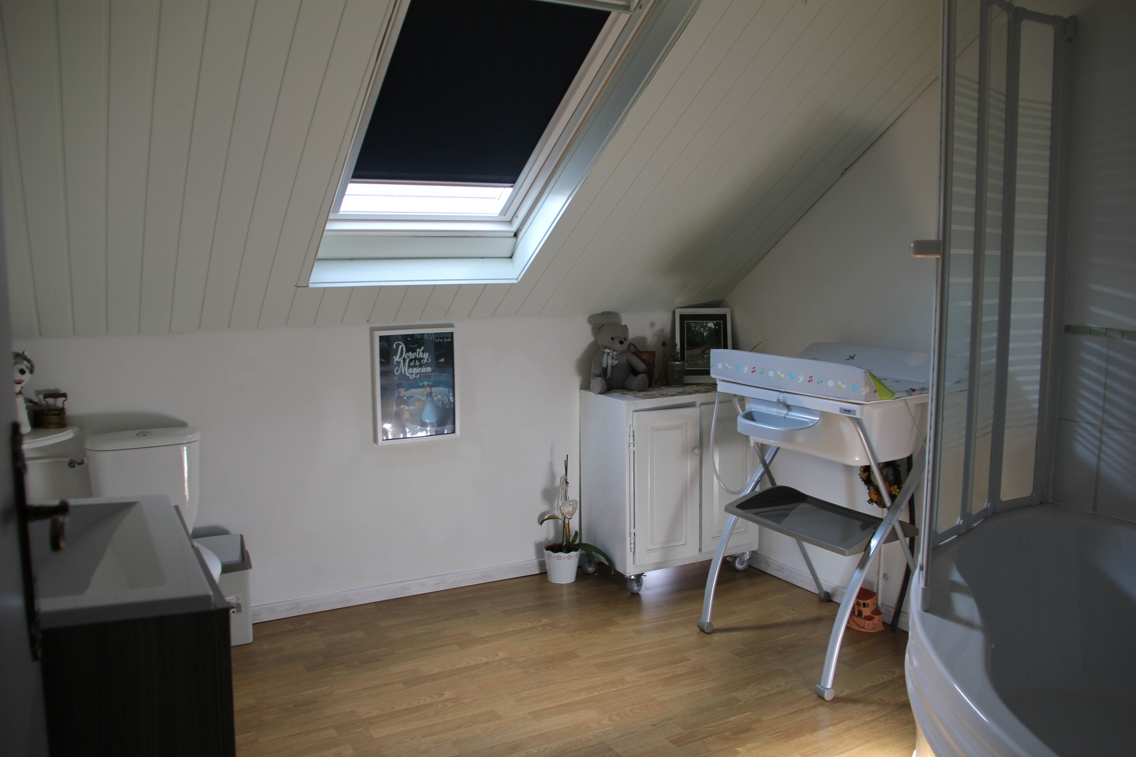 A small, tidy room with a skylight, a white cabinet, a small table, and a potted plant.
