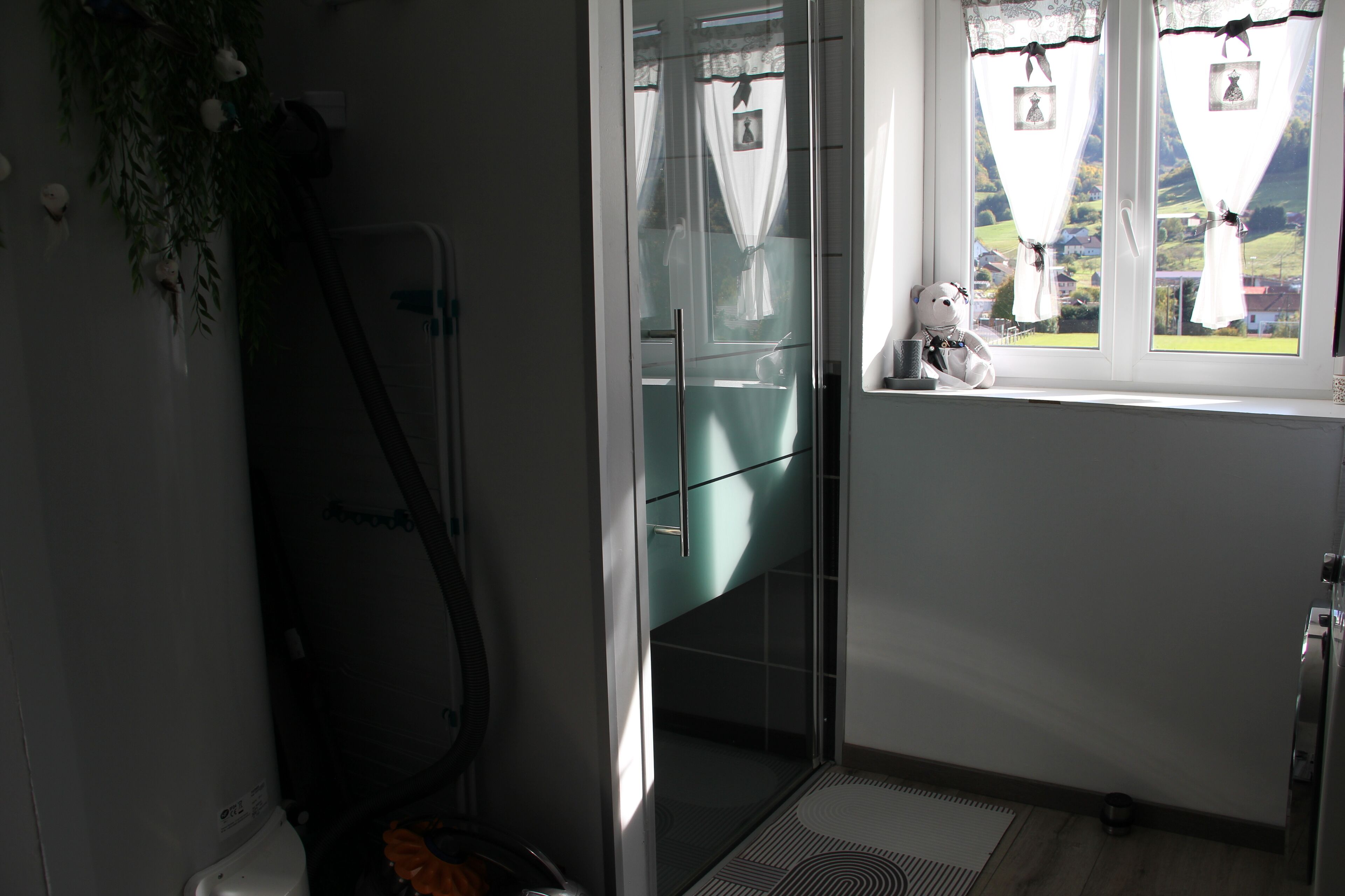 Un baño con mampara de vidrio, toallero y ventana con cortinas.