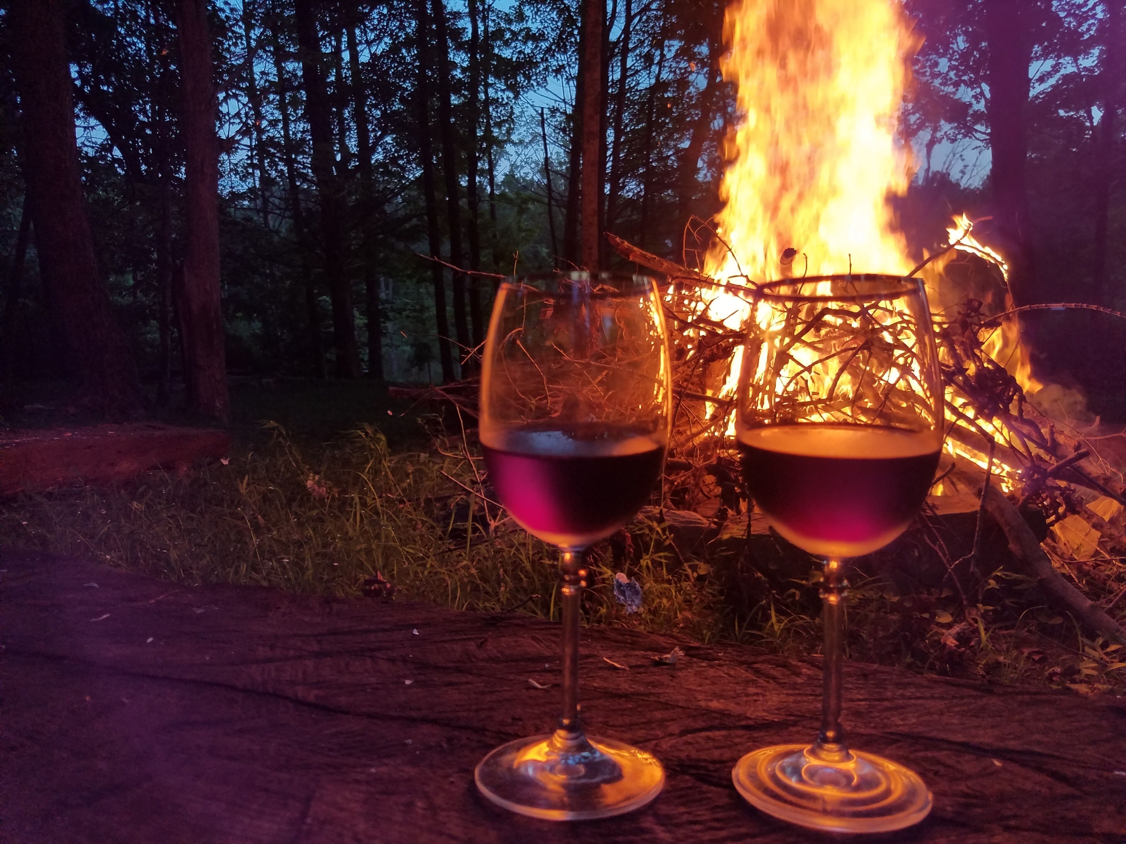 Two wine glasses filled with red wine placed on a wooden surface near a campfire in a forest.