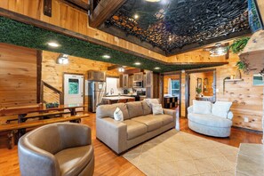 TV, fireplace - Big Time Hill Cabin with an indoor pool, hot tub, & great views! (Bryant)
