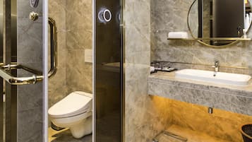 Een moderne badkamer met een douche met glazen wand, een toilet, een wastafel met spiegel erboven en een handdoekrek.