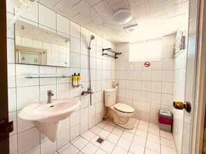 Chambre Familiale, 2 lits doubles, non-fumeurs | Salle de bain | Douche, sèche-cheveux, chaussons, serviettes fournies