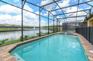 Seasonal outdoor pool, pool umbrellas, pool loungers