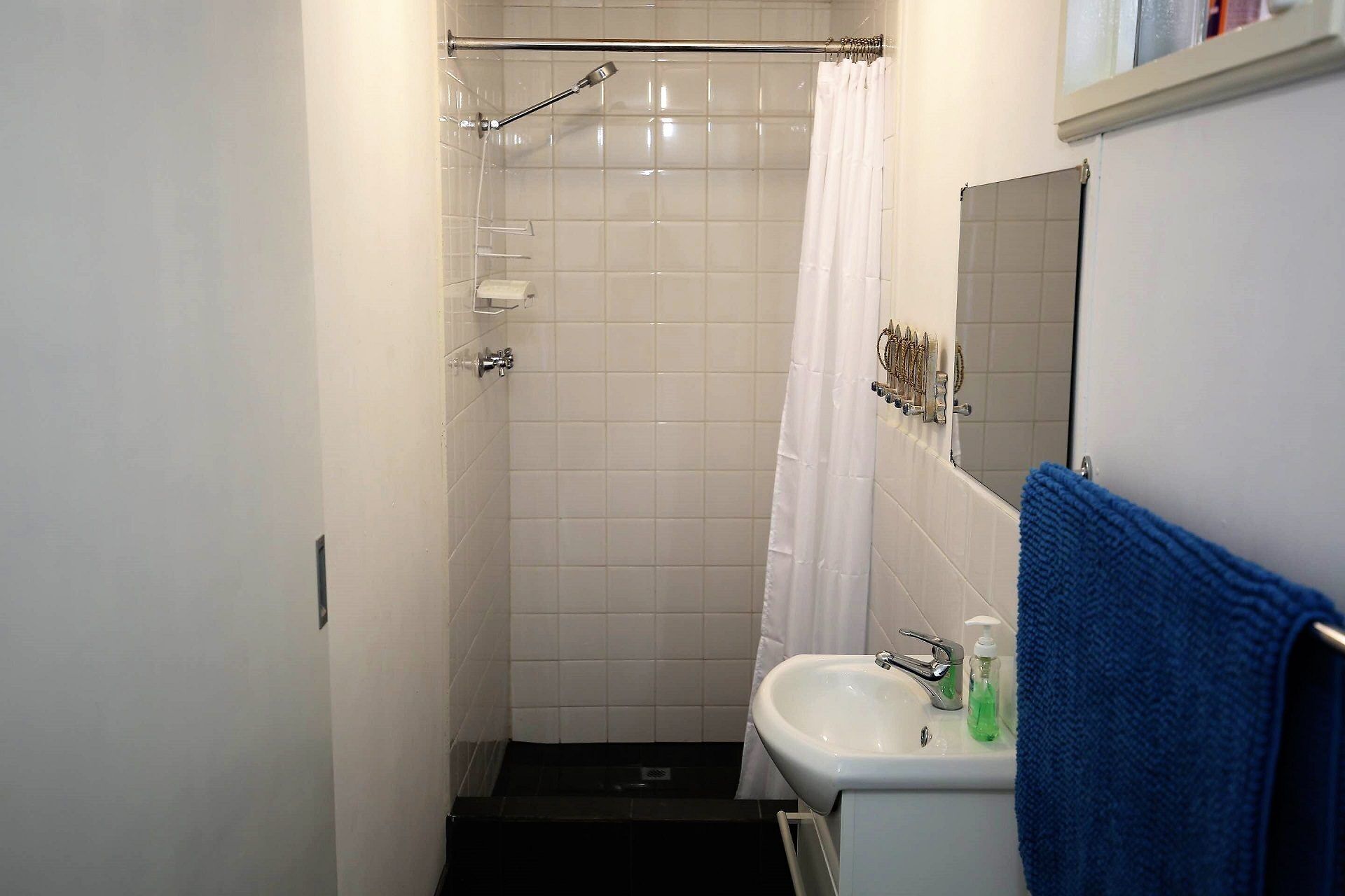 Une salle de bain avec une douche, un lavabo et un miroir.