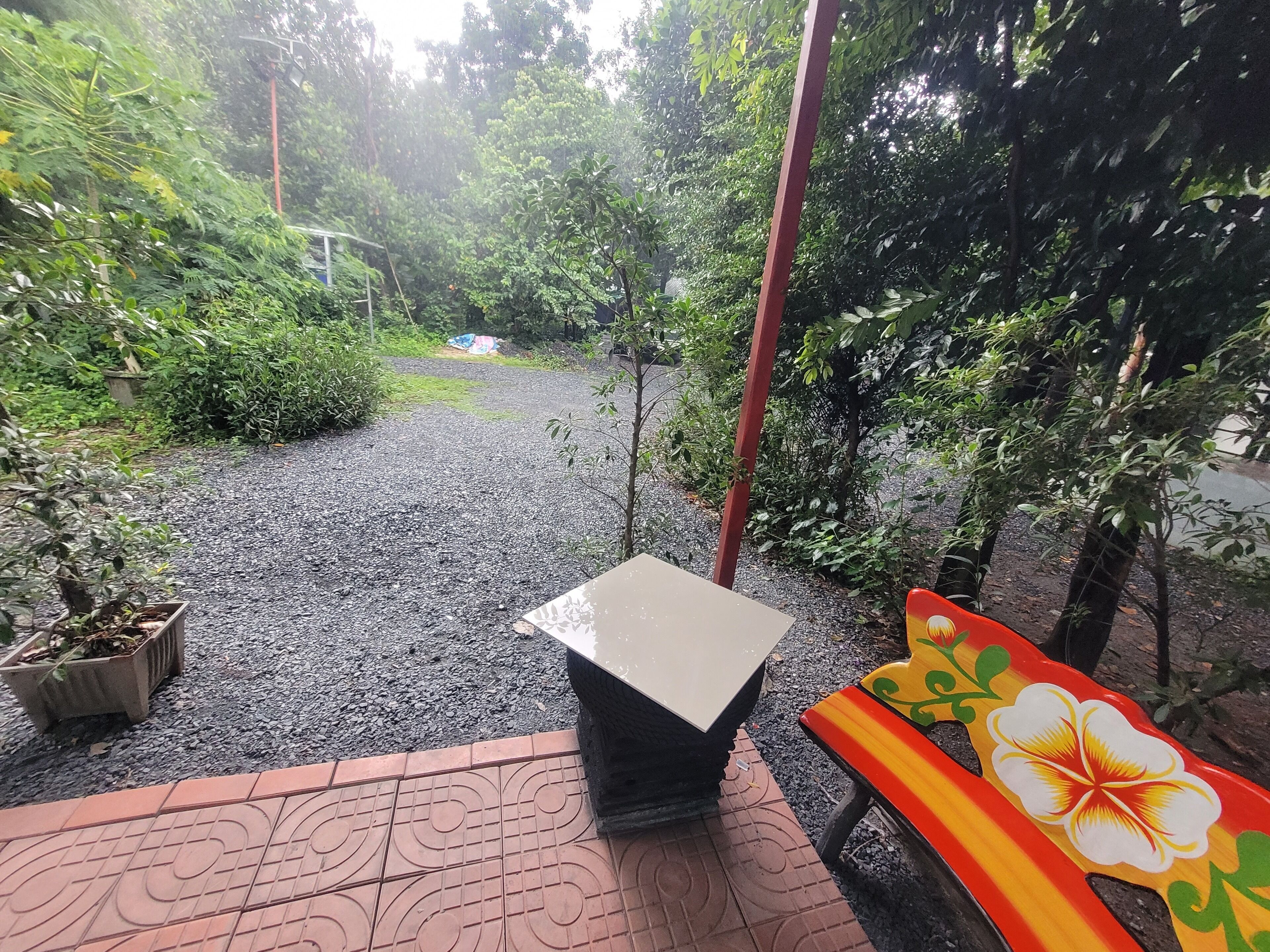 A paved outdoor area with a table and bench, surrounded by greenery and trees.