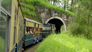 Un tren antiguo atraviesa un túnel de piedra rodeado de abundante vegetación.