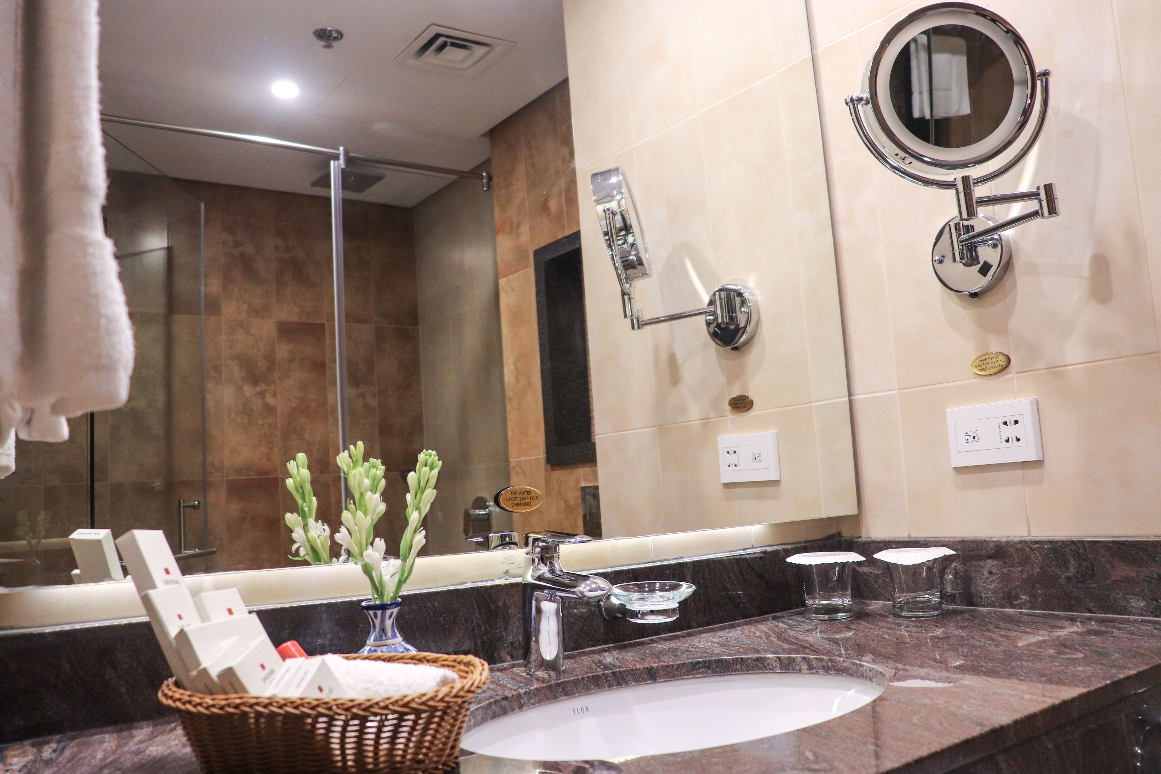 shower, free toiletries, hair dryer, slippers