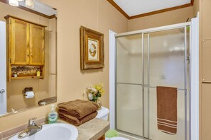 Shower, jetted tub, hair dryer, towels