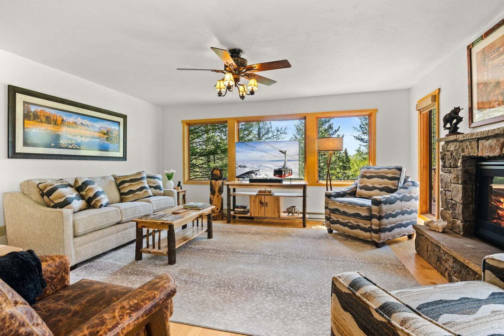Smart TV, fireplace, video games, DVD player