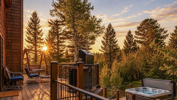A wooden deck with outdoor furniture, a hot tub, and a view of trees and a sunset. - RMR: Three Bear Tracks Home in Teton Village (Teton Village)