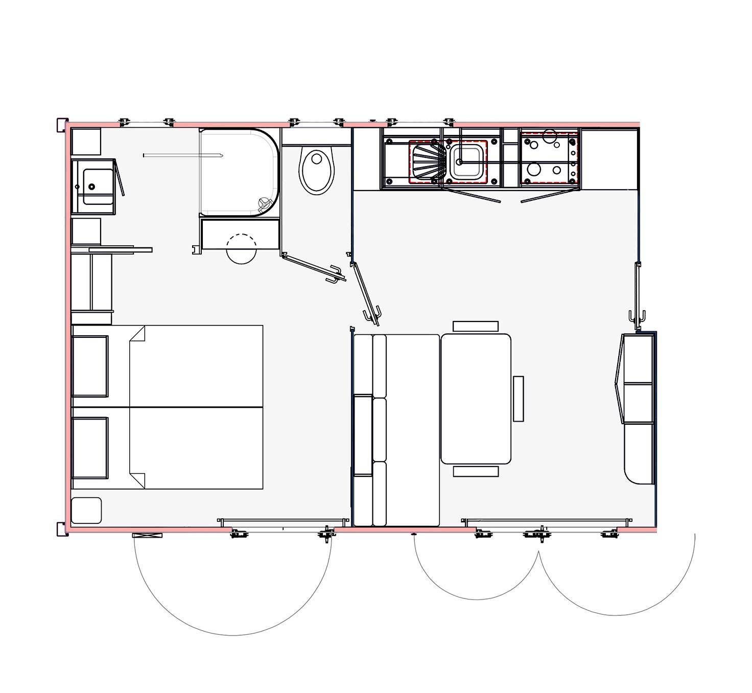 A floor plan of a hotel room with a bed, a desk, a chair, a small table, and a bathroom.