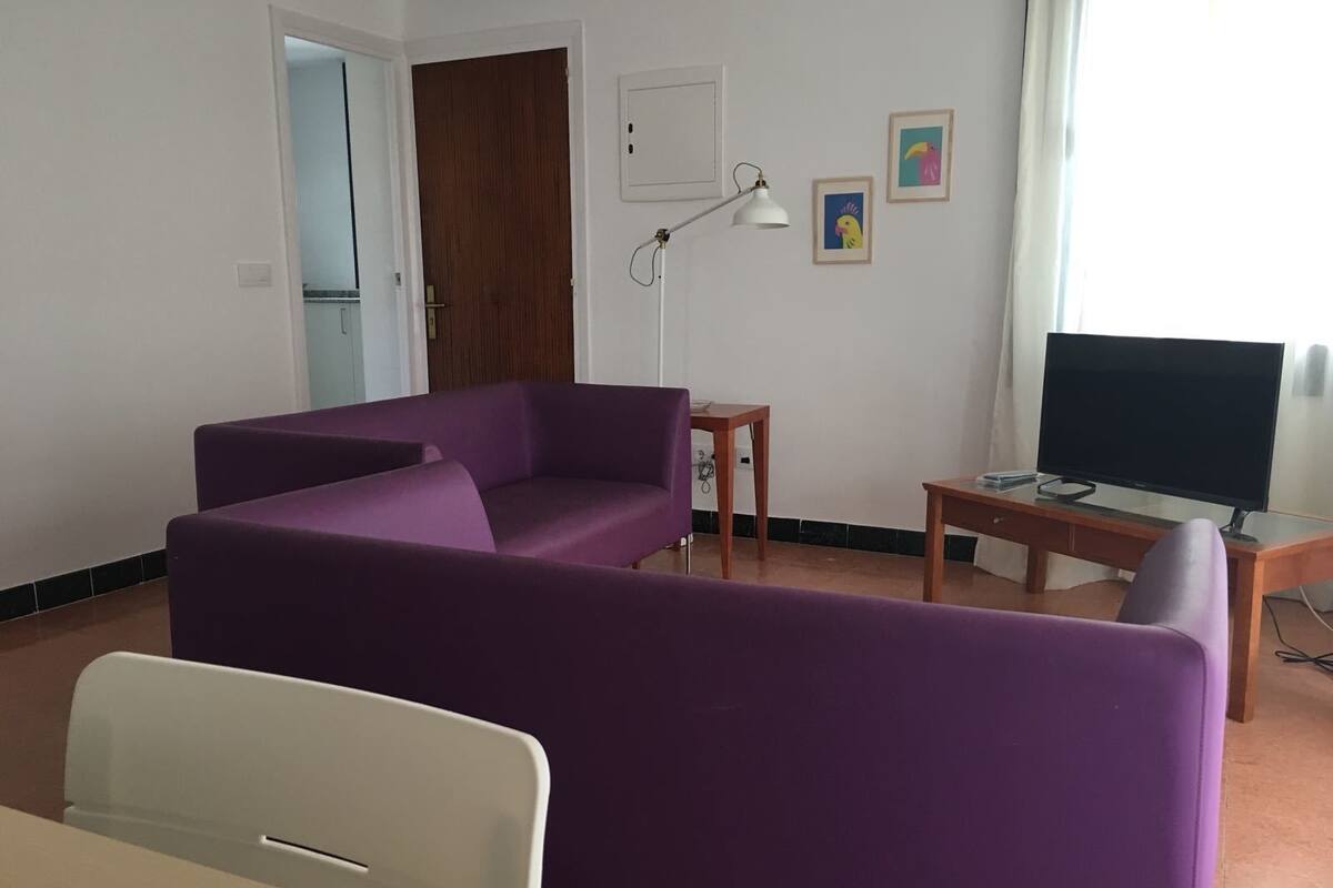 A living room with a purple sofa, a wooden coffee table, a TV, and a lamp.