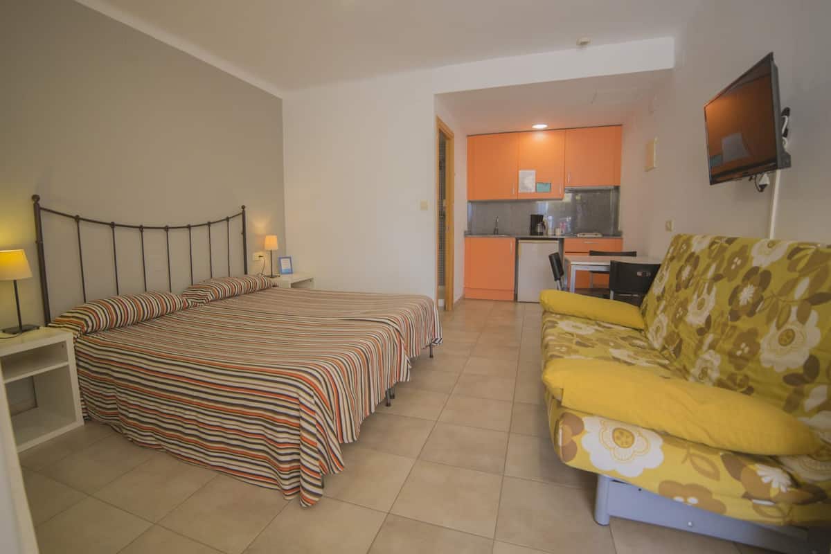A compact room with a bed, a sofa, a small kitchen area, and a TV mounted on the wall.