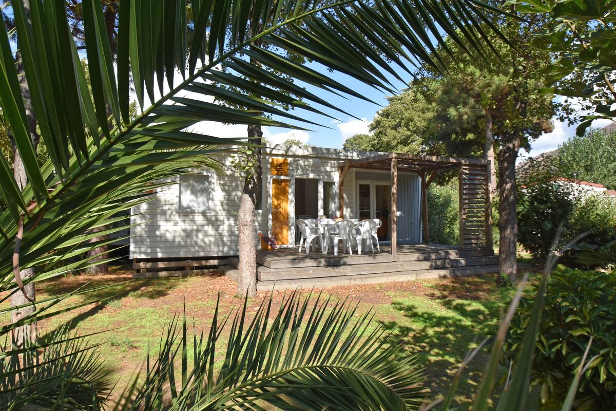 Una casa con un patio que cuenta con una mesa y sillas, rodeado de abundante follaje y árboles.