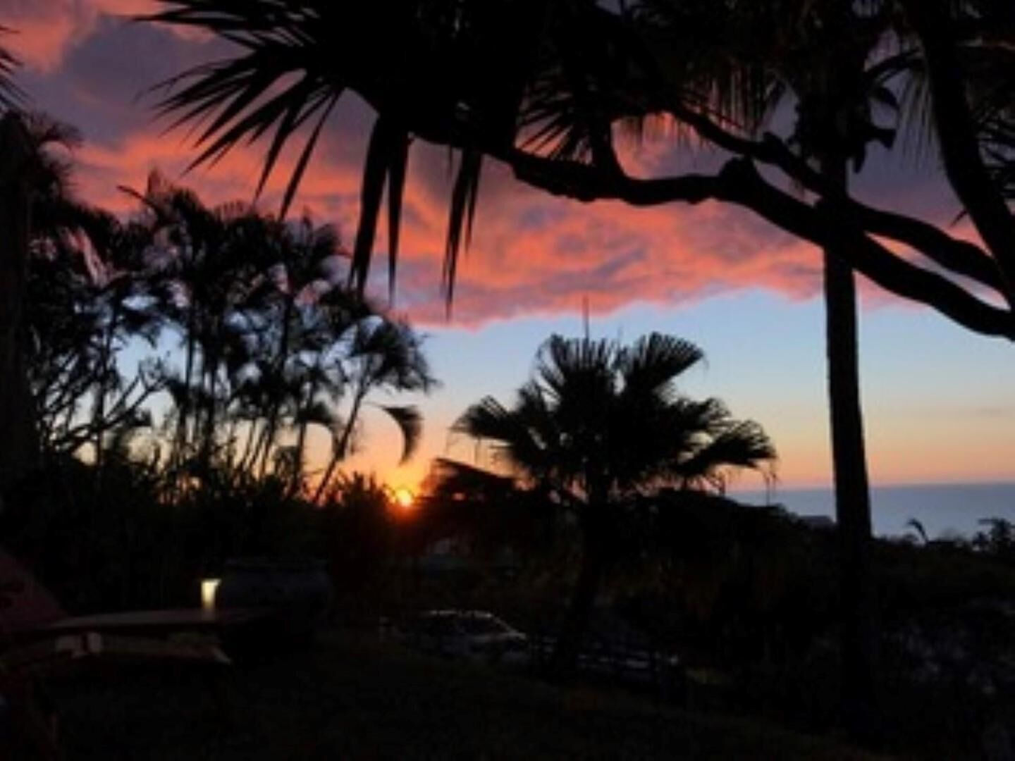 Un atardecer con palmeras recortadas contra un cielo colorido.