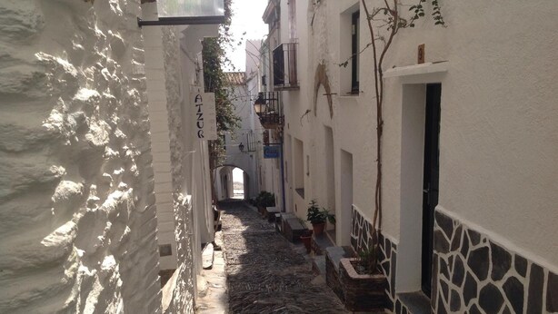 A narrow cobblestone alley with white buildings, a stone wall, and potted plants. - Hostal Vehí (Cadaqués)
