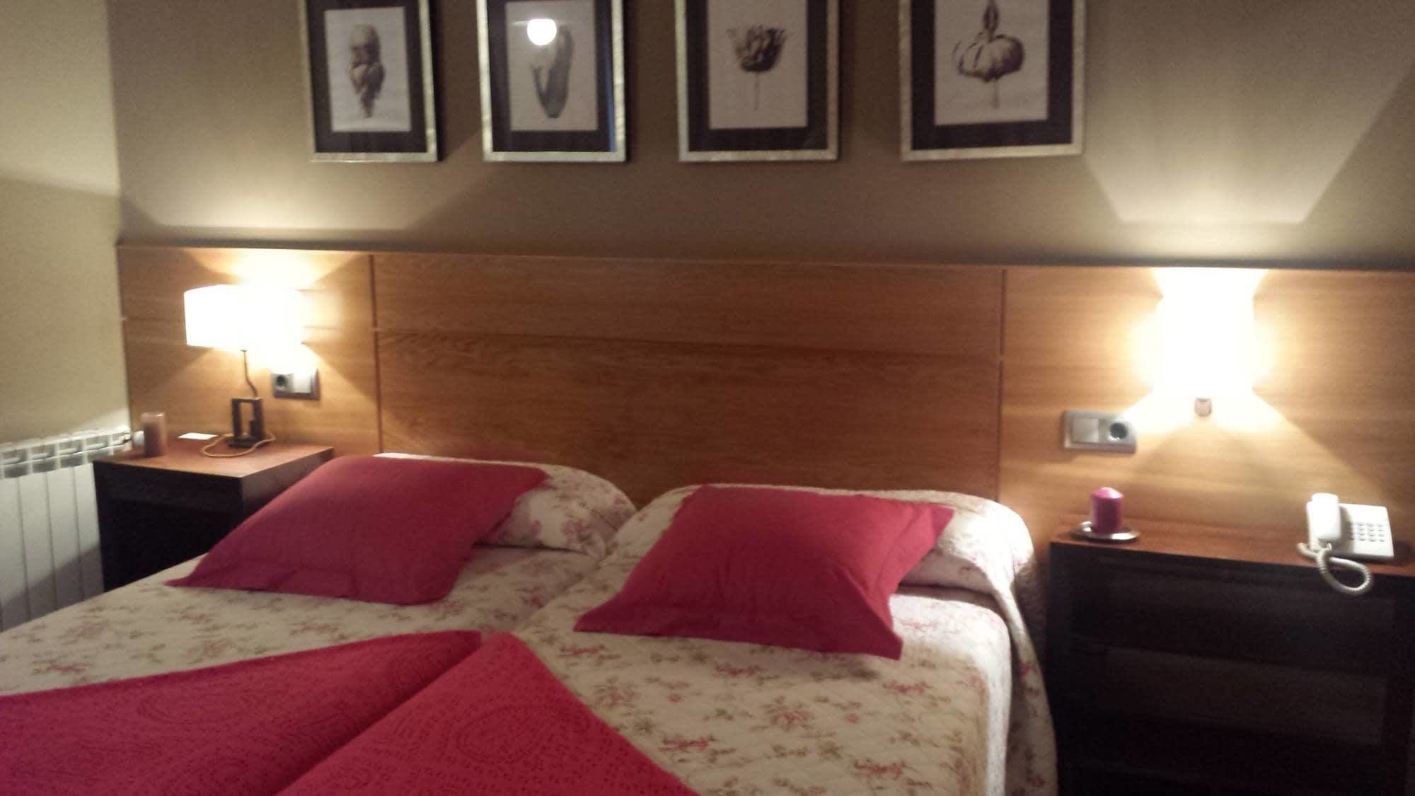 A double bed with two red pillows, a wooden headboard, and two bedside lamps.