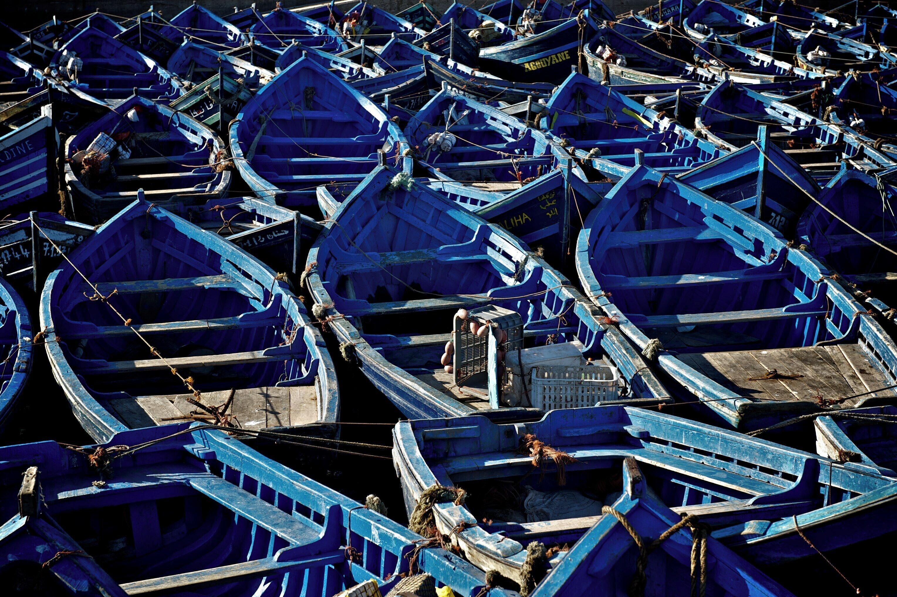 A dense cluster of small, blue boats tied together at a dock.
