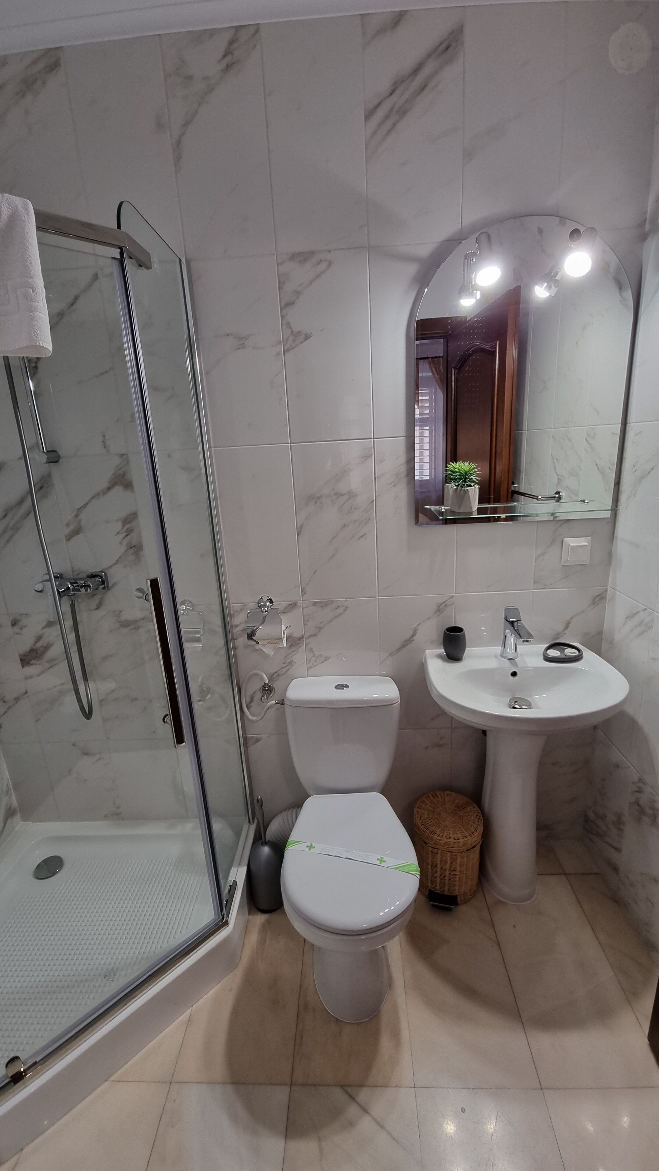 A bathroom with a glass shower enclosure, a toilet, a sink, and a mirror.