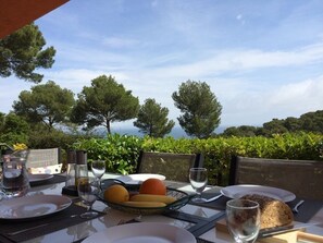 Une table à manger installée à l’extérieur, avec des assiettes, des verres et un panier de fruits, offrant une vue panoramique sur un paysage pittoresque, avec des arbres et des collines.