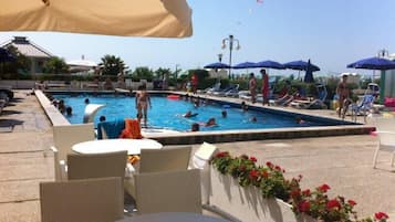 Una piscina al aire libre de temporada, sombrillas