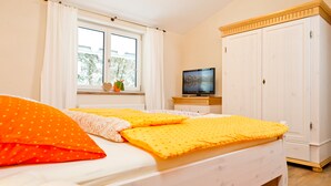 Un dormitorio con cama, televisión y armario.