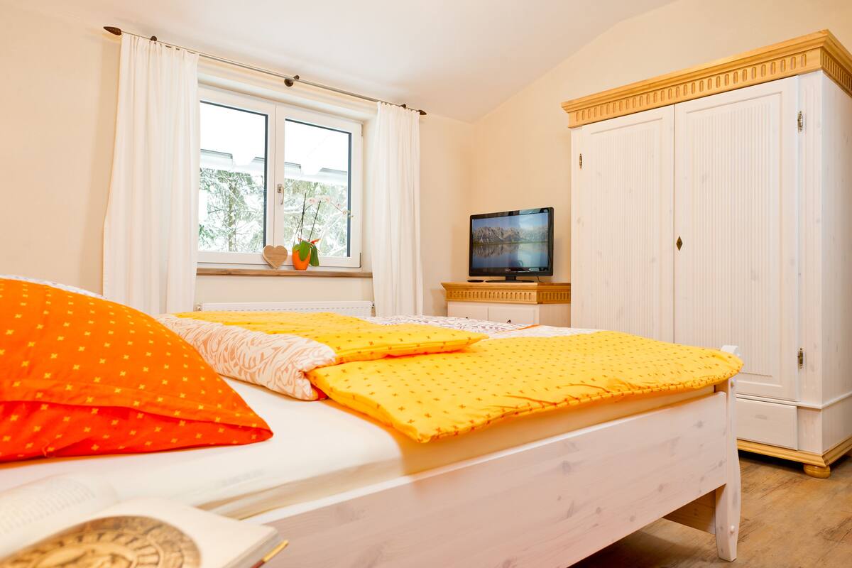 Ein Schlafzimmer mit Bett, Fernseher und Kleiderschrank.