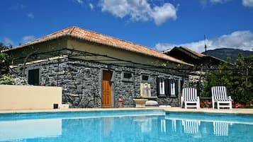 Outdoor pool, pool umbrellas, pool loungers