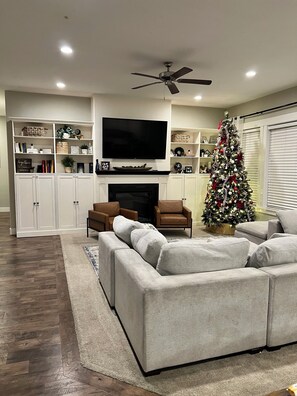 Smart TV, fireplace, books