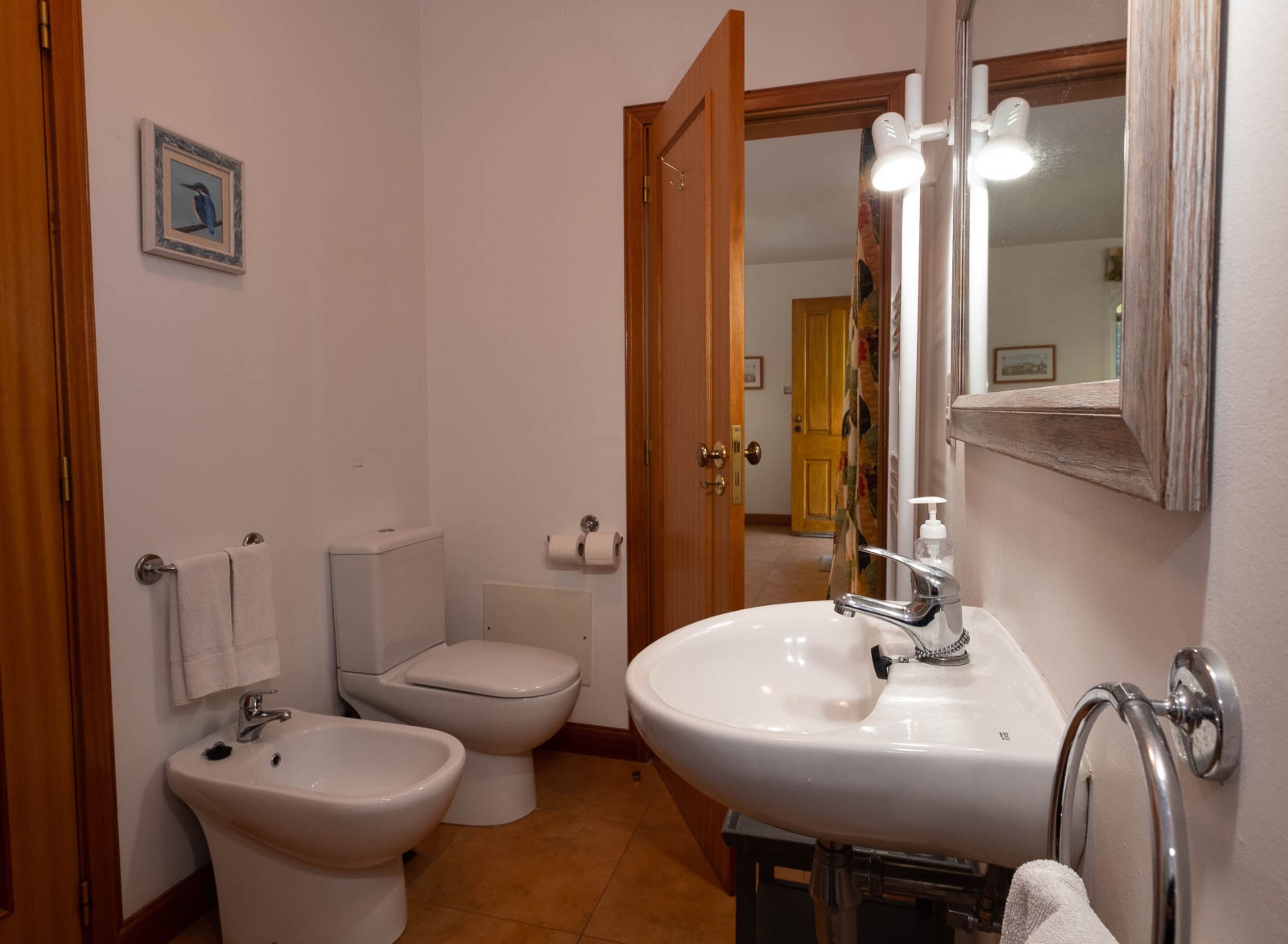 Een badkamer met toilet, bidet, wastafel en spiegel.
