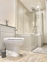 Hair dryer, heated floors, towels, toilet paper