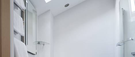 A modern bathroom with a skylight, a white sink, a toilet, and a shower area.