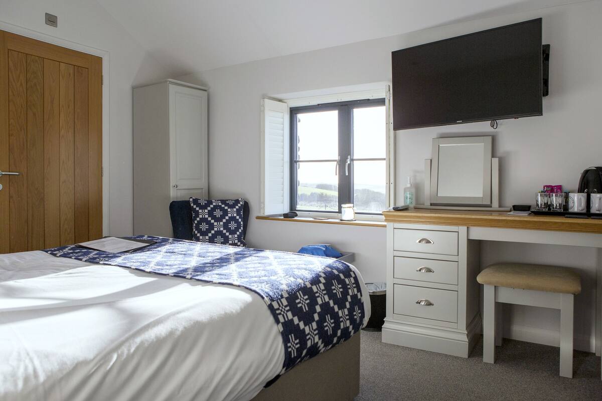 Une chambre à coucher comprenant un lit, un bureau, une chaise, une armoire et un téléviseur.