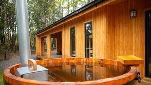 Una baita in legno con idromassaggio e terrazza.
