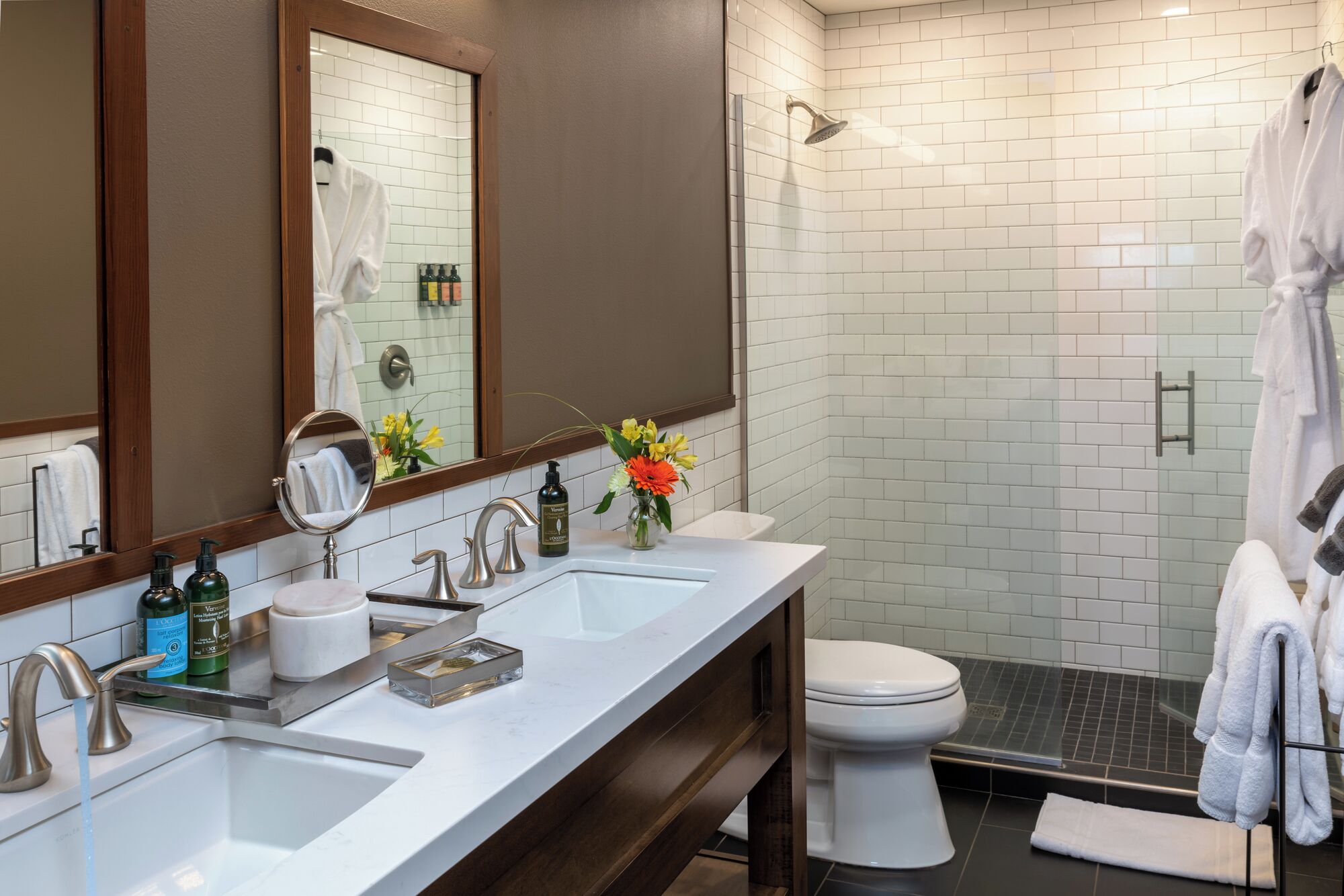 shower, hair dryer, bathrobes, towels