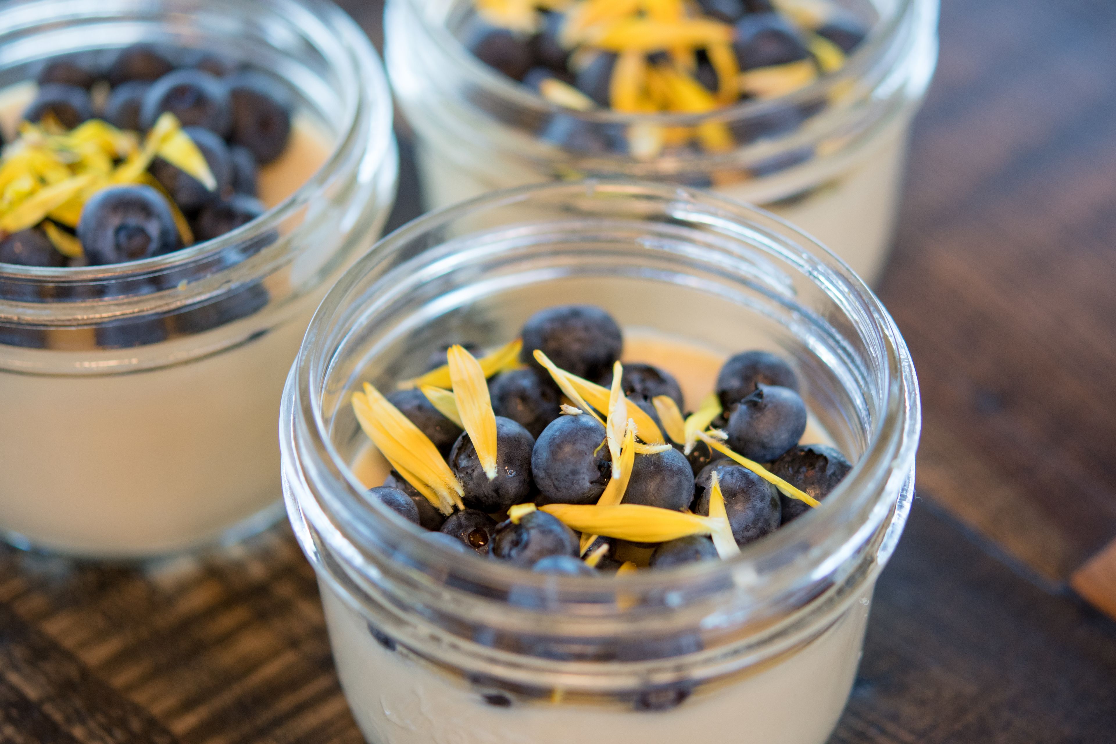 Three glass jars containing a creamy dessert topped with blueberries and lemon zest.