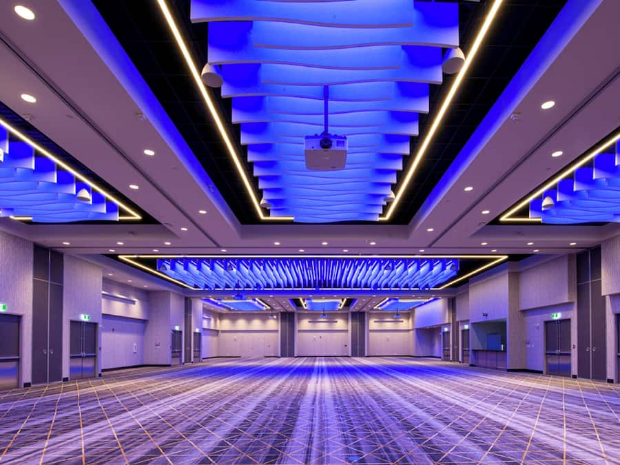 Una amplia sala de conferencias con alfombra estampada, iluminación empotrada y un diseño moderno de techo.