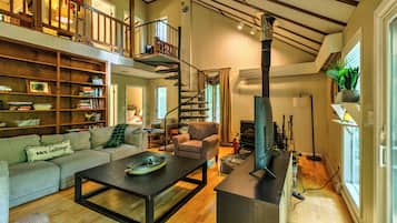 TV, fireplace, DVD player, books