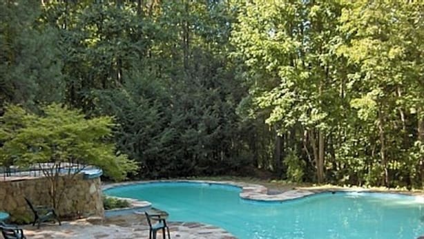 A swimming pool with a stone border, surrounded by a stone deck and chairs, set in a wooded area. -  Coolfont 4 BDRM, lots of beds! Cozy Wooded Cottage. (Berkeley Springs)