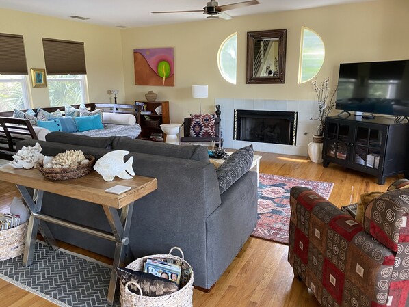 Smart TV, fireplace, books, stereo