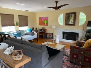 Smart TV, fireplace, DVD player, books
