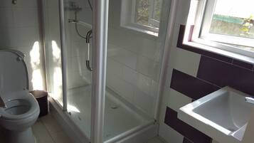 Een badkamer met een douchecabine, toilet en wastafel.