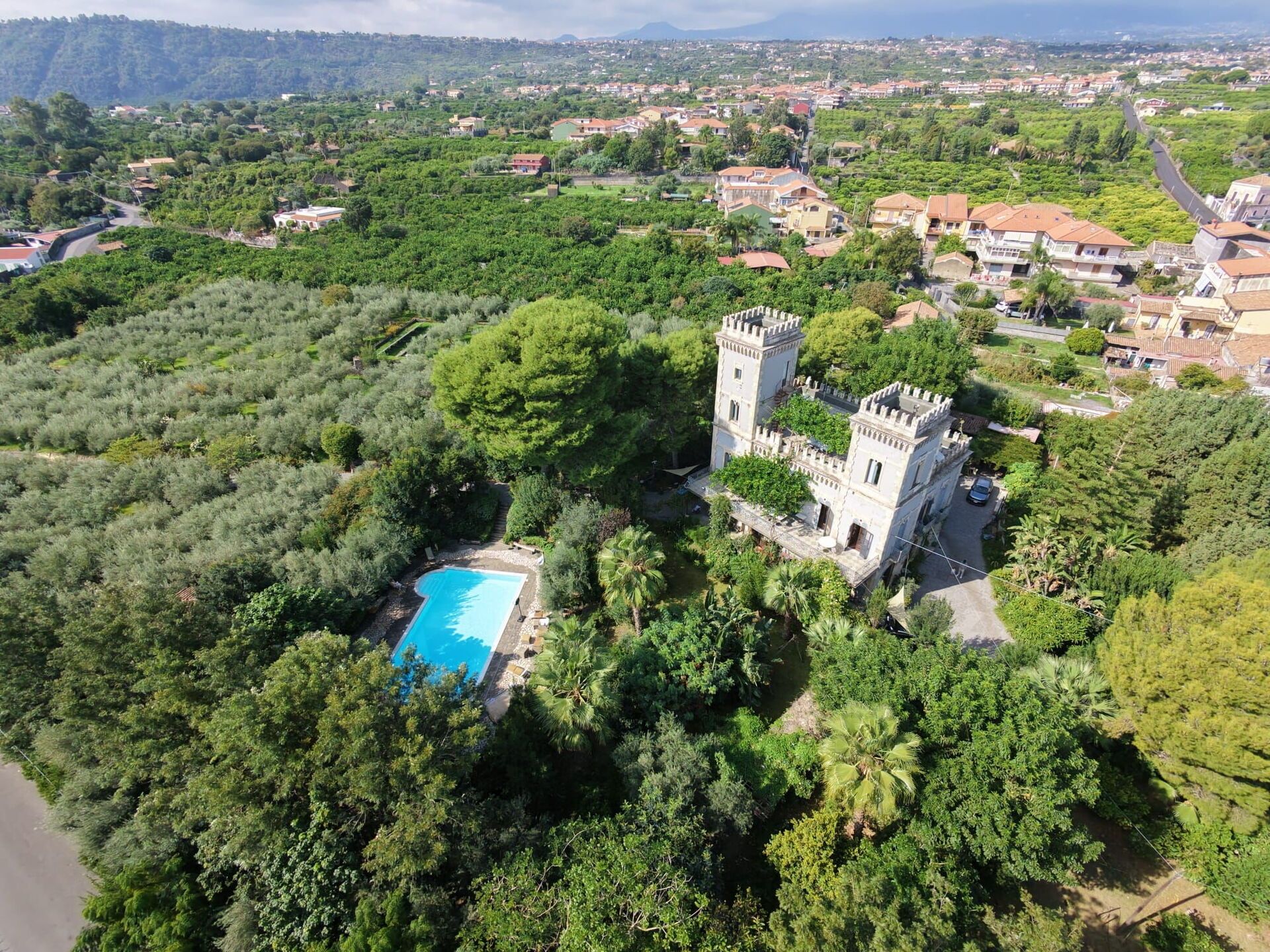 A castle surrounded by lush greenery and a swimming pool.